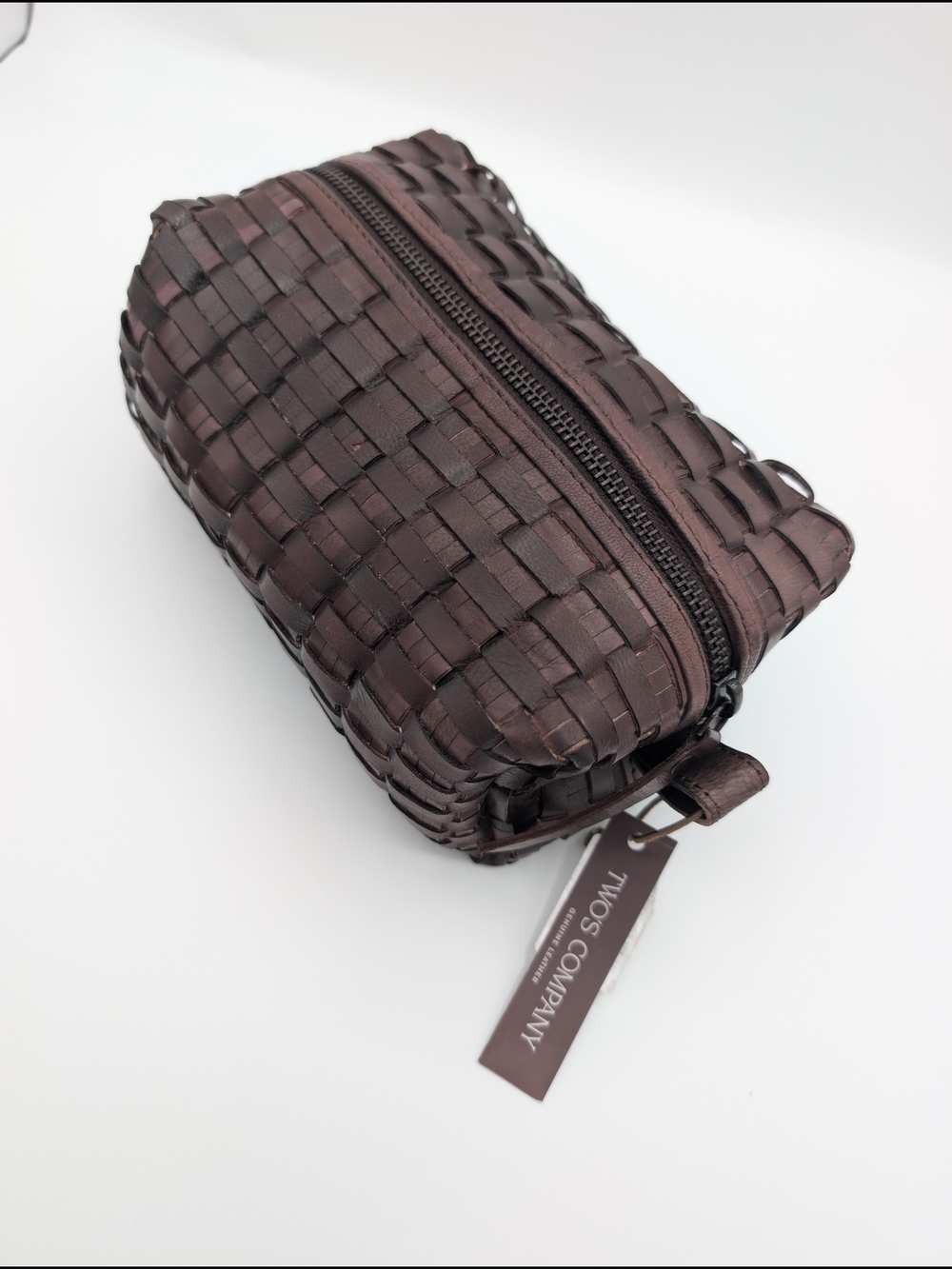 Woven Leather Travel Pouch - Dark Brown Twos Company NWT